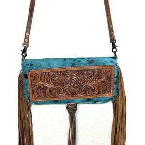 American Darling Crossbody Bag Fringe Leather Western Purse turquoise Blue Cow